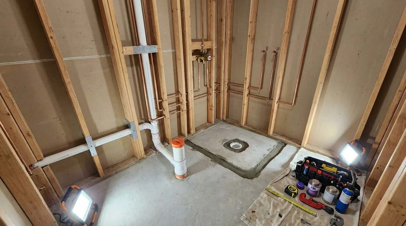 Bathroom rough-in plumbing during remodel by Johns Plumbing LLC in Saint Hedwig