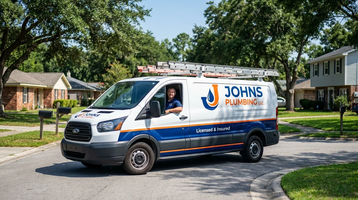 Johns Plumbing LLC service van in Saint Hedwig, TX