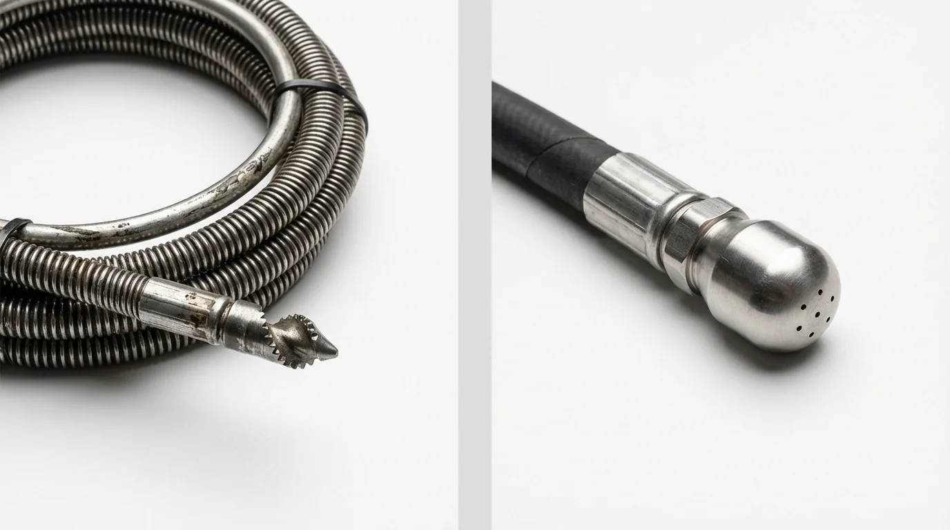 Drain snake cable and hydro jetting nozzle used for drain cleaning in Saint Hedwig, TX