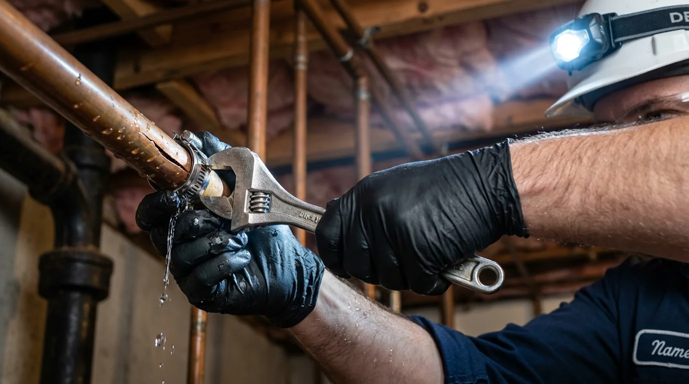Emergency pipe clamp repair being performed by a Johns Plumbing LLC plumber in Saint Hedwig