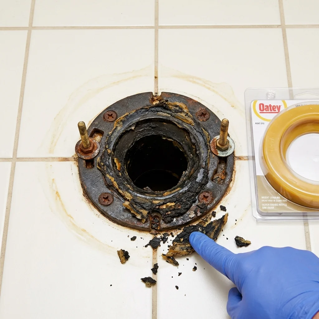 Failed wax ring showing water seepage at the base of a toilet in a Saint Hedwig, TX home