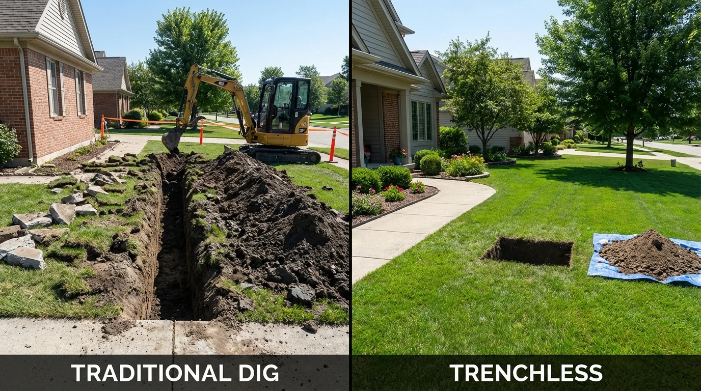 Trenchless sewer repair with minimal yard damage versus traditional excavation in Saint Hedwig, TX